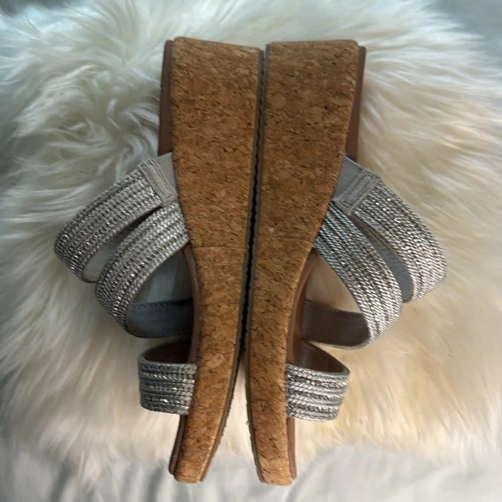 Skechers Silver Rhinestone Slide Wedge Sandals Cork Heel - Picture 5 of 12